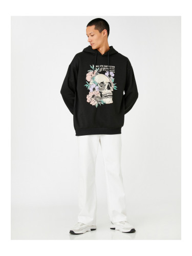 Koton Hooded Oversized Sweatshirt, Raised Skull Printed