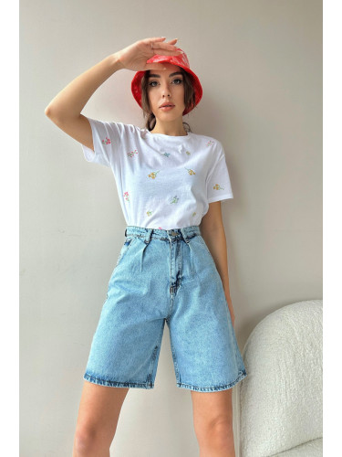 Trend Alaçatı Stili Women's Light Blue High Waist Wide Leg Bermuda Denim Shorts