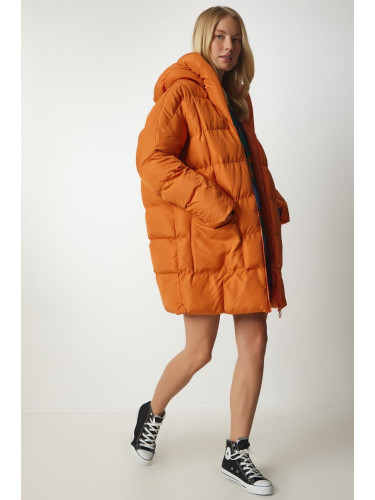 Щастие İstanbul жените оранжево качулка извънгабаритни буферни палто