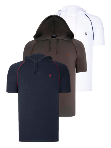 TRIPLE SET T8570 DEWBERRY HOODED MEN'S T-SHIRT-NAVY BLUE-WHITE-KHAKI