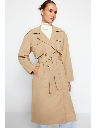 Trendyol бежов извънгабаритни широк нарязани колан вода репелент тренч палто