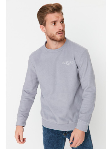 Trendyol Grey Regular/Normal Cut Crew Neck Anti-pilling Polar Fleece Text Print Sweatshirt