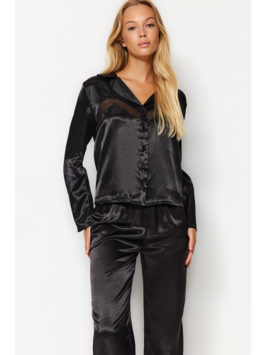 Trendyol Black Satin With Mesh Detail On The Chest Shirt-Pants Weave Pajamas Set