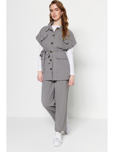 Trendyol Gray Gold Buttoned Vest-Pants Knitted Suit