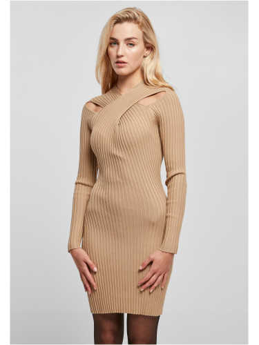 Women's dress with crossed ribbed knit unionbeige