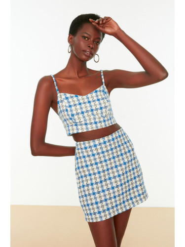 Trendyol Blue Plaid Strappy Crop Blouse