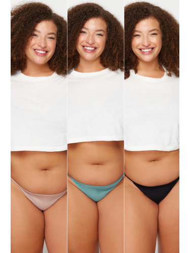 Trendyol Curve Black-Mink-Petrol 3-Pack Cotton Plus Size String Panties