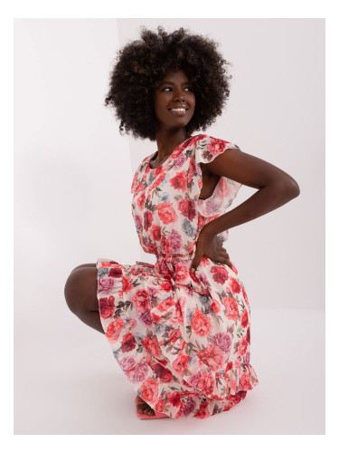 Light beige and red floral dress with belt