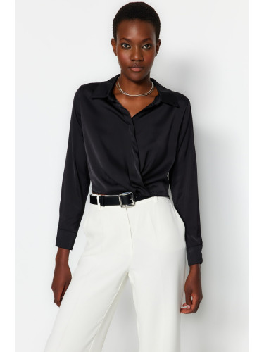 Trendyol Black Crop Shirt Collar Satin Woven Blouse