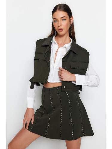 Trendyol Khaki Stone Accessory Mini Skater/Knitted Waistless Skirt