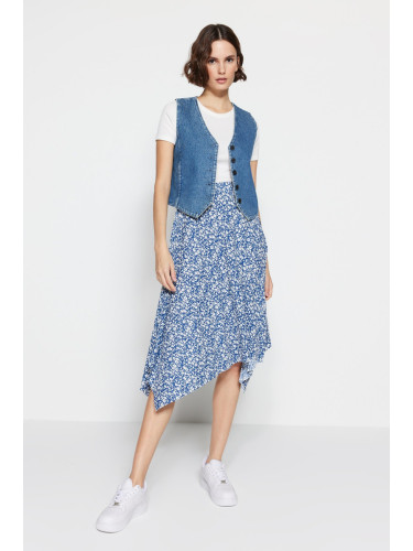 Trendyol Indigo Patterned Flounce Asymmetric High Waist Midi Flexible Knitted Skirt