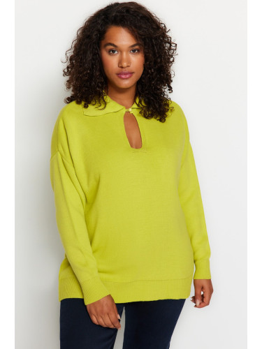 Trendyol крива зелен фронт подробни трикотаж пуловер