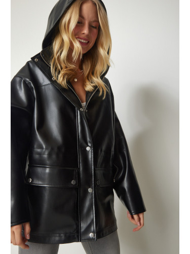 Щастие İstanbul Дамско черно палто от изкуствена кожа с качулка и джоб