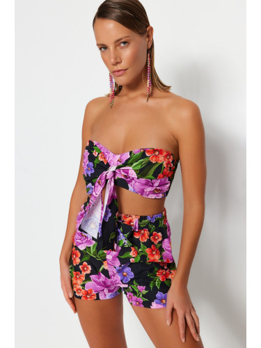 Trendyol Floral Patterned Woven Tie 100% Cotton Blouse Shorts Beach Set