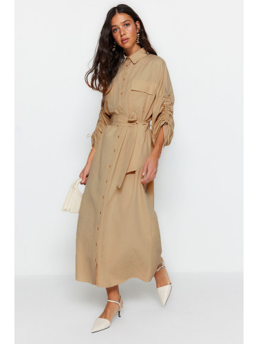 Trendyol бежова плетена памучна риза рокля с регулируеми подробни ръкави с колан