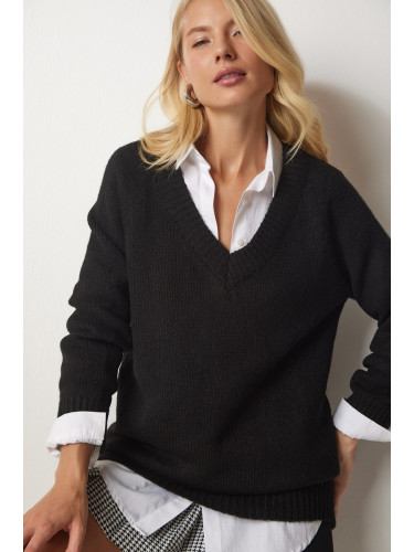 Щастие İstanbul Дамски черен v-образно деколте хлабав трикотаж пуловер
