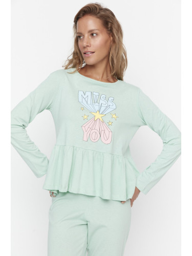 Trendyol Mint Ruffle Detailed Knitted Pajamas Set