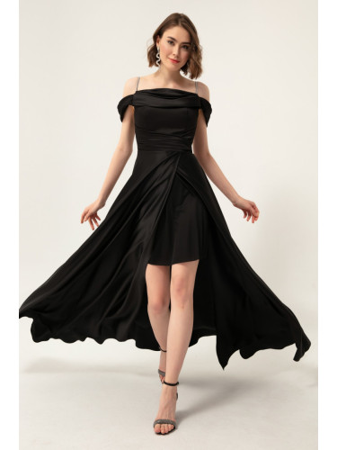 Lafaba Дамска черна сатенена вечерна рокля с каменни презрамки