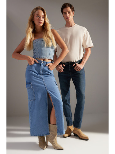 Trendyol Blue Maxi Denim Skirt with Cargo Pocket