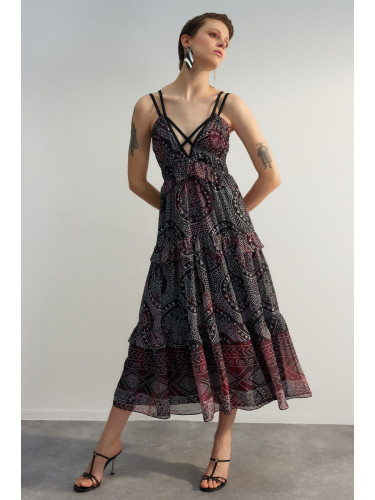 Trendyol лимитирана серия черна яка подробни волан облицована Midi тъкани рокля