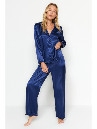 Trendyol Navy Blue Satin Shirt-Pants Woven Pajamas Set