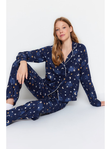 Trendyol Indigo Galaxy Patterned Viscose Woven Pajama Set