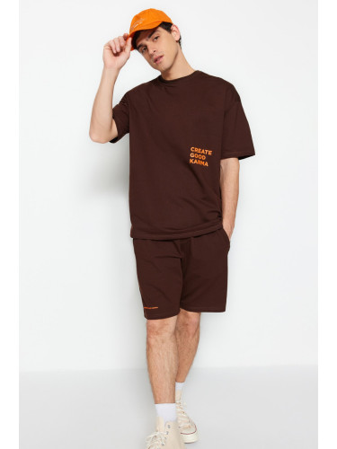 Trendyol Brown Tracksuit Set Relaxed/Comfortable Cut Text Printed Cotton