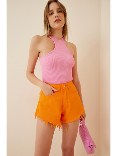 Happiness İstanbul Women's Orange Tassel Detailed Mom Jeans Shorts