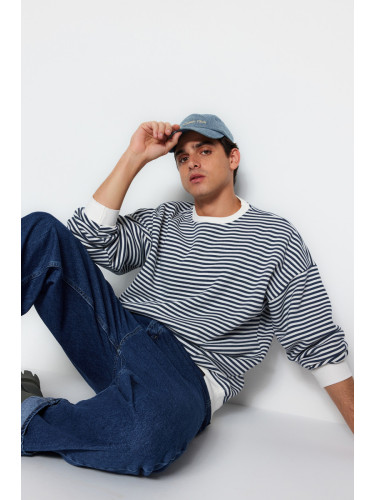 Trendyol Indigo Oversize/Wide Cut Striped Cotton Sweatshirt with Fleece Inside