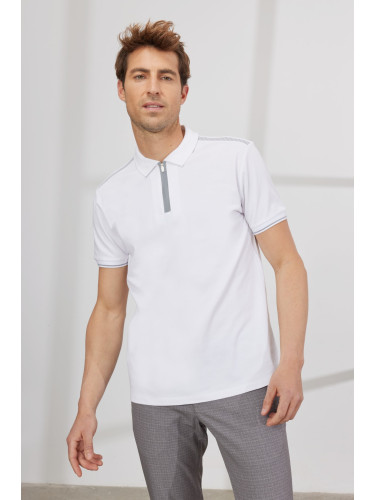ALTINYILDIZ CLASSICS Мъжка бяла тънка кройка Slim Fit Polo Neck къс ръкав памучна тениска.