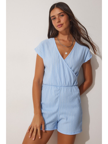 Happiness İstanbul Women's Sky Blue Knitted Jumpsuit with Wrapover Collar