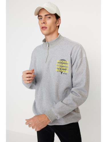 Trendyol Grey Oversize/Wide Cut Zippered Text Printed Inside Fleece/Warm Sweatshirt