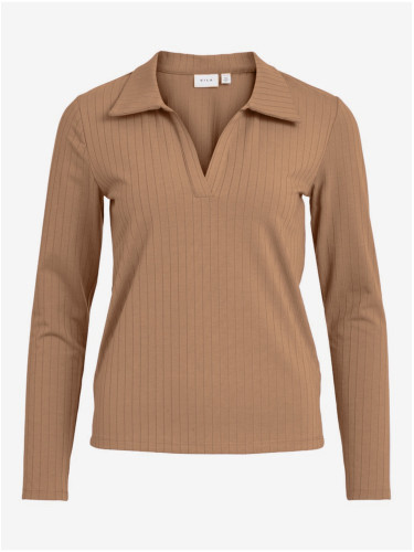 Brown ribbed T-shirt with collar VILA Nobella - Women