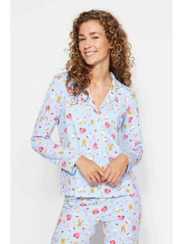 Trendyol Blue 100% Cotton Teddy Bear-Heart Patterned Knitted Pajama Set