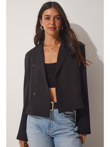 Happiness İstanbul Women's Black Crop Fit Double Breasted Blazer Jacket