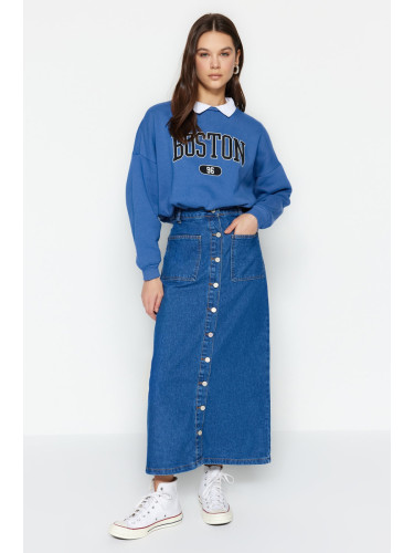 Trendyol Dark Indigo Double Pocket Button Front High Waist Maxi Denim Jeans Skirt