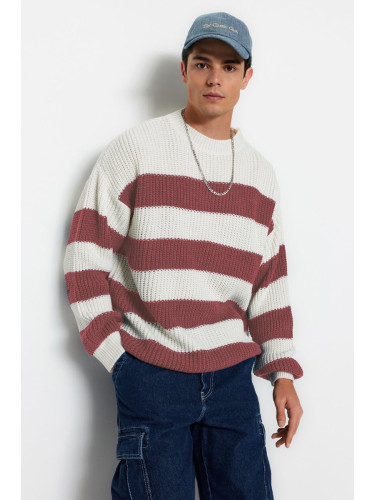 Trendyol Dusty Rose Oversize Fit Wide Fit Crew Neck Striped Knitwear Sweater