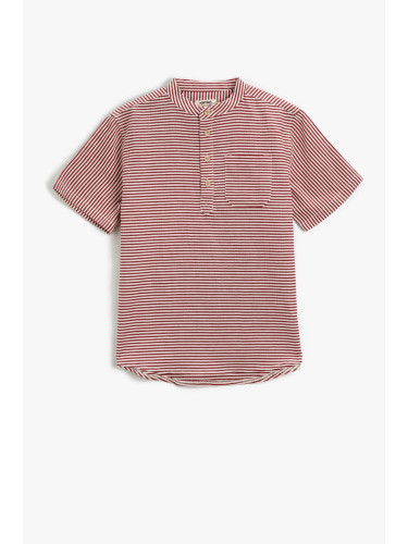 Koton Mandarin Collar Short Sleeve Buttoned Single Pocket Striped Cotton Shirt