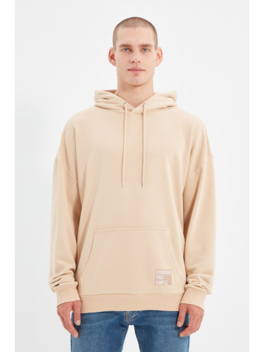 Trendyol Beige Oversize/Wide Cut Hooded Labeled Fleece/Warm Sweatshirt