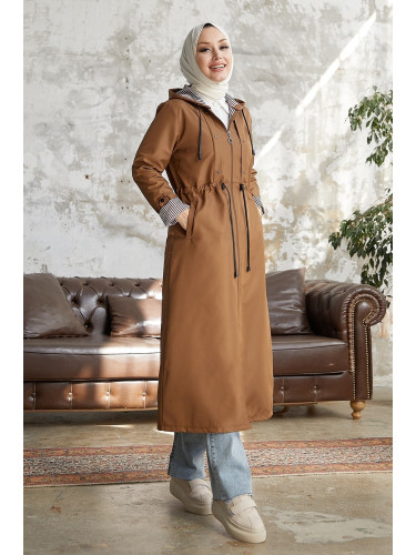 InStyle Burgundy Striped Pattern Long Trench Coat - Tan