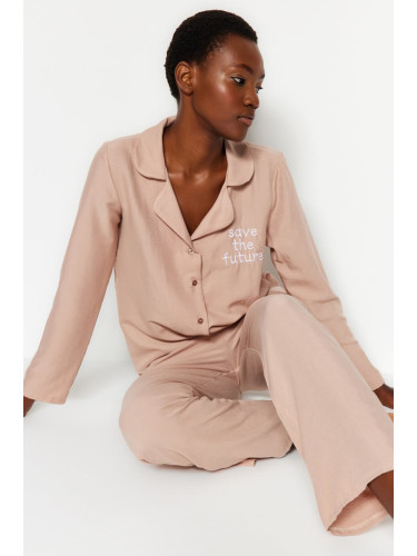 Trendyol Beige Embroidered Shirt-Pants Woven Pajamas Set