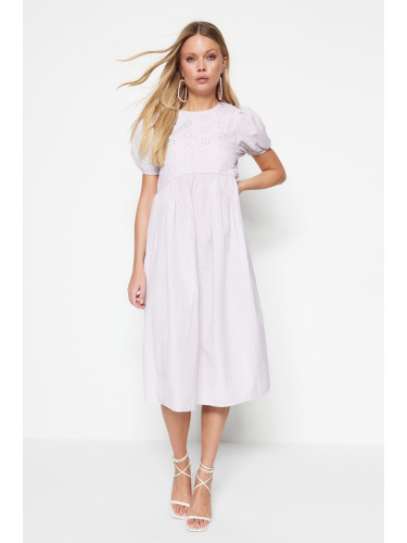 Trendyol люляк тъкани Brode балон ръкав Midi тъкани рокля