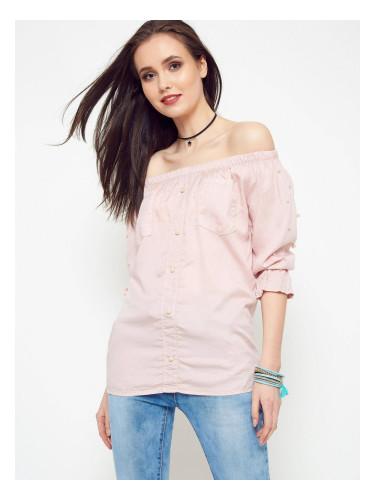 Blouse with pearls revealing shoulders light pink