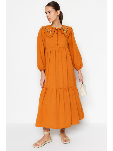 Trendyol Cinnamon Embroidery Detailed Linen Look Woven Dress