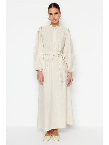 Trendyol Cream Belted Guipure and Ruffle Detailed Linen Blended Woven Dress