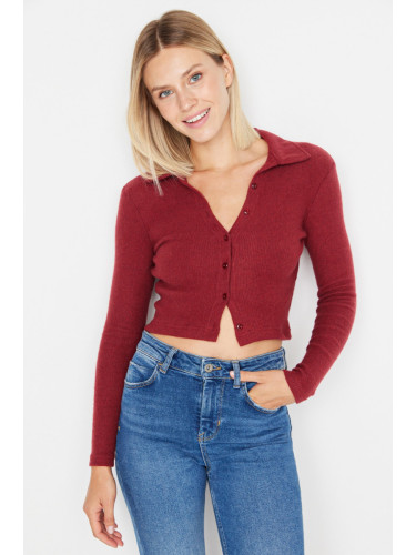 Trendyol Burgundy Button Detailed Fitted Crop Polo Neck Ribbed Flexible Knitted Blouse