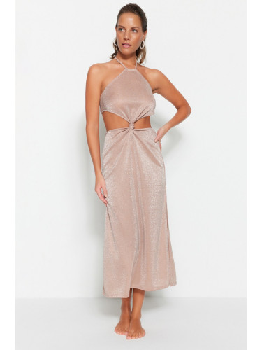 Trendyol розов монтирани Макси трикотажни изрязани/прозорец плажна рокля