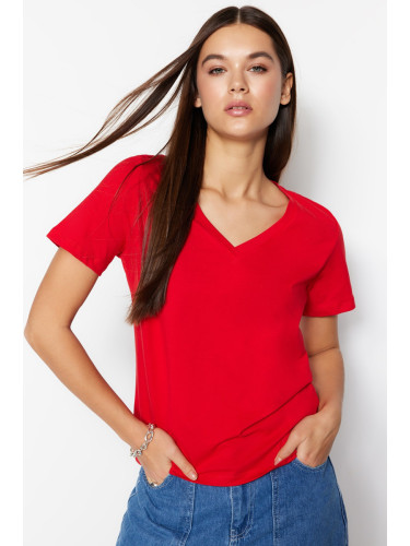 Trendyol Red 100% Cotton Basic V-Neck Knitted T-Shirt