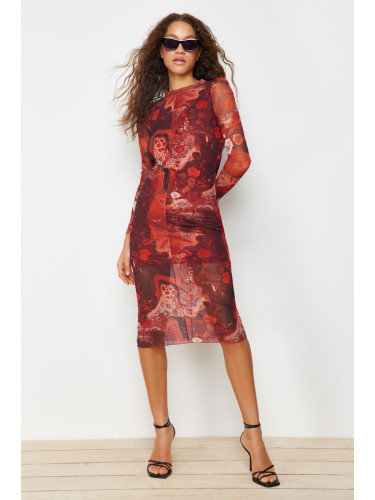 Trendyol кафяв печат, тюл облицовани, вталени Midi трикотажна рокля