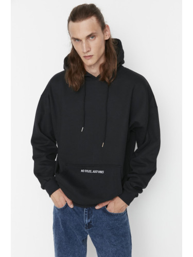 Trendyol Black Oversize/Wide Cut Fit Hooded Text Printed Sweatshirt